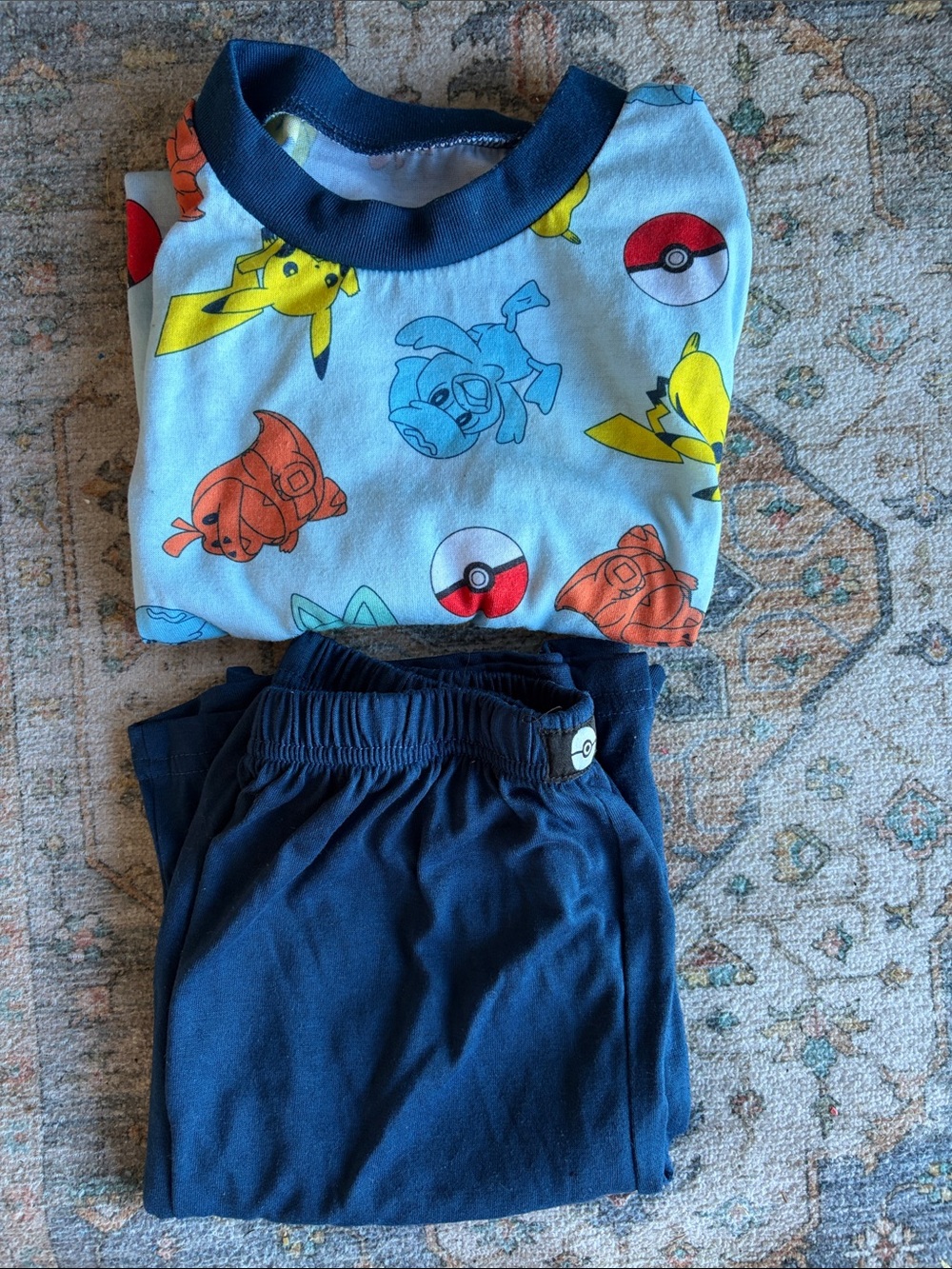 Pokemon Light Blue Pajama Set with Navy Shorts and Multicolor Character Prints